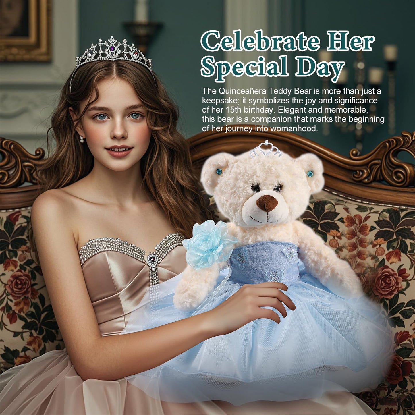 Cisina Quinceanera Doll Quince Teddy Bear with Dress,Quinceanera Decorations for Girls Gifts,OSO De Peluche para 15 Años Con Vestido,Centro De Mesa Muñecas para 15 Años Quinceañeras (Blue)