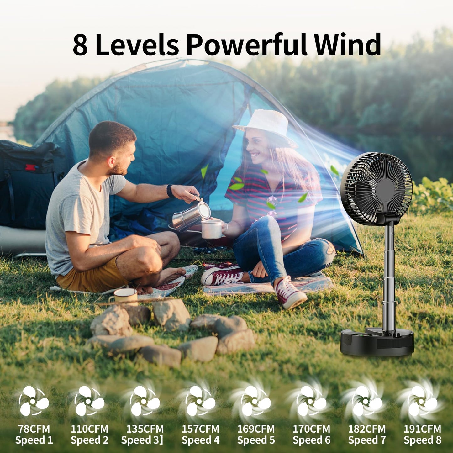 Socool 20000mAh Portable Fan Foldable Wireless Battery Rechargeable with 8-Speed & 112H, 90° Osciliating Floor Standing Fan Remote, Desk Fan with 8H Timer & LED Light for Home Kitchen Travel Camping
