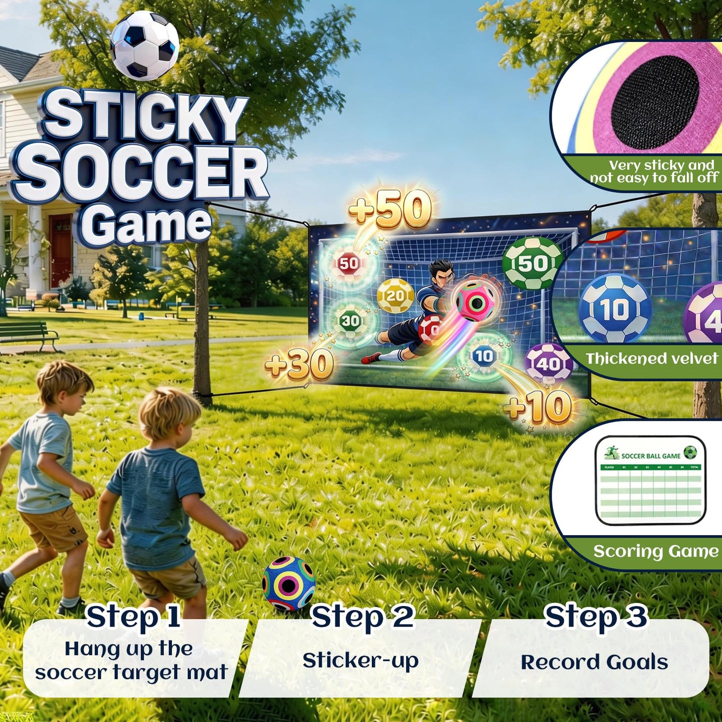 CARDOBIR Soccer Ball Game Mat Set for Kids, Sticky Soccer Target Game with 59 x 39 in Flannel Mat, Scoreboard and 2 Balls, Indoor Outdoor Soccer Toys for Ages 3–8 (Medium)