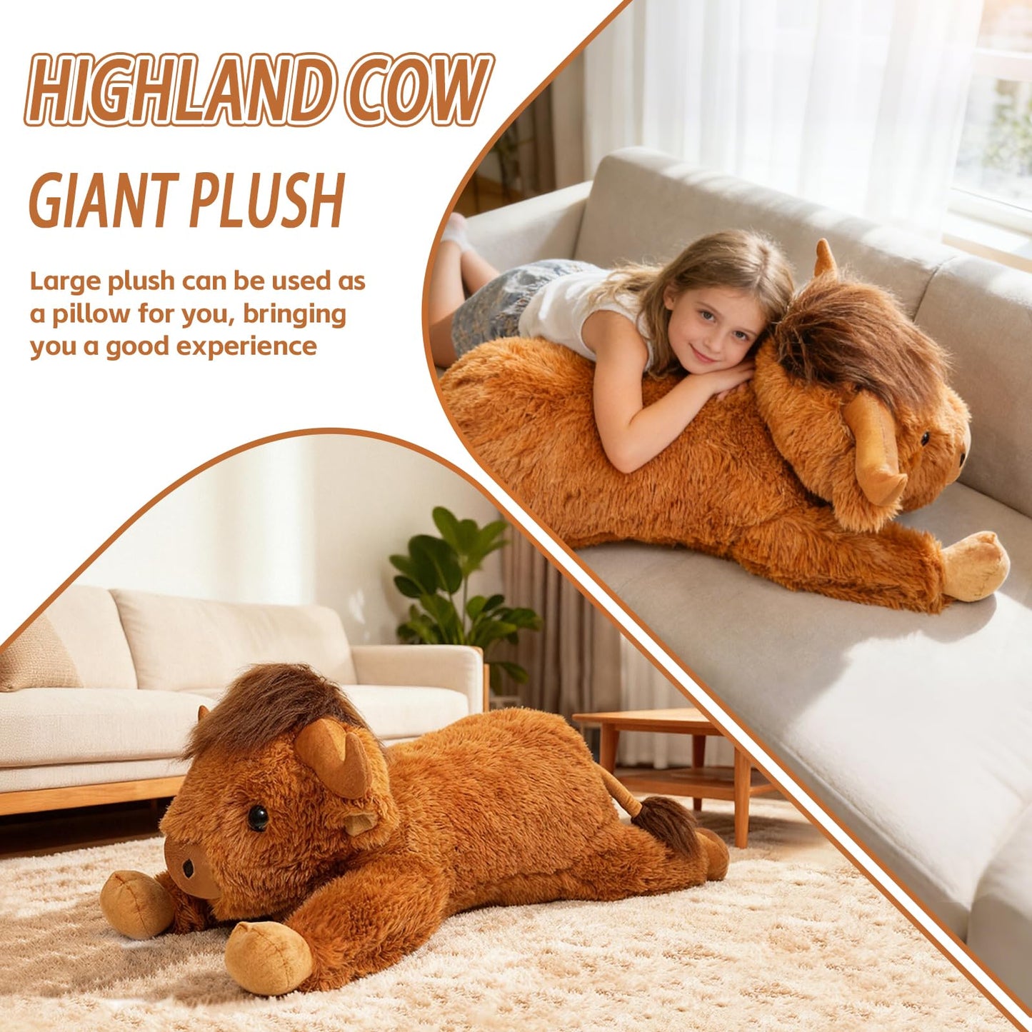 38.5 Inch Brown Giant Highland Cow Plush Stuffed Animal - Large Cow Pillow Gift for Kids and Adults, Couch & Bed Decor