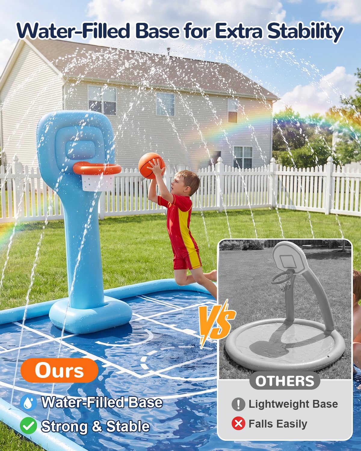 Qmioti 3-in-1 Splash Pad for Kids & Dogs, 138 x 118'' Large Sprinkler Pad with Basketball Hoop, Foldable Play Mat, Pool Summer Outdoor Water Toy