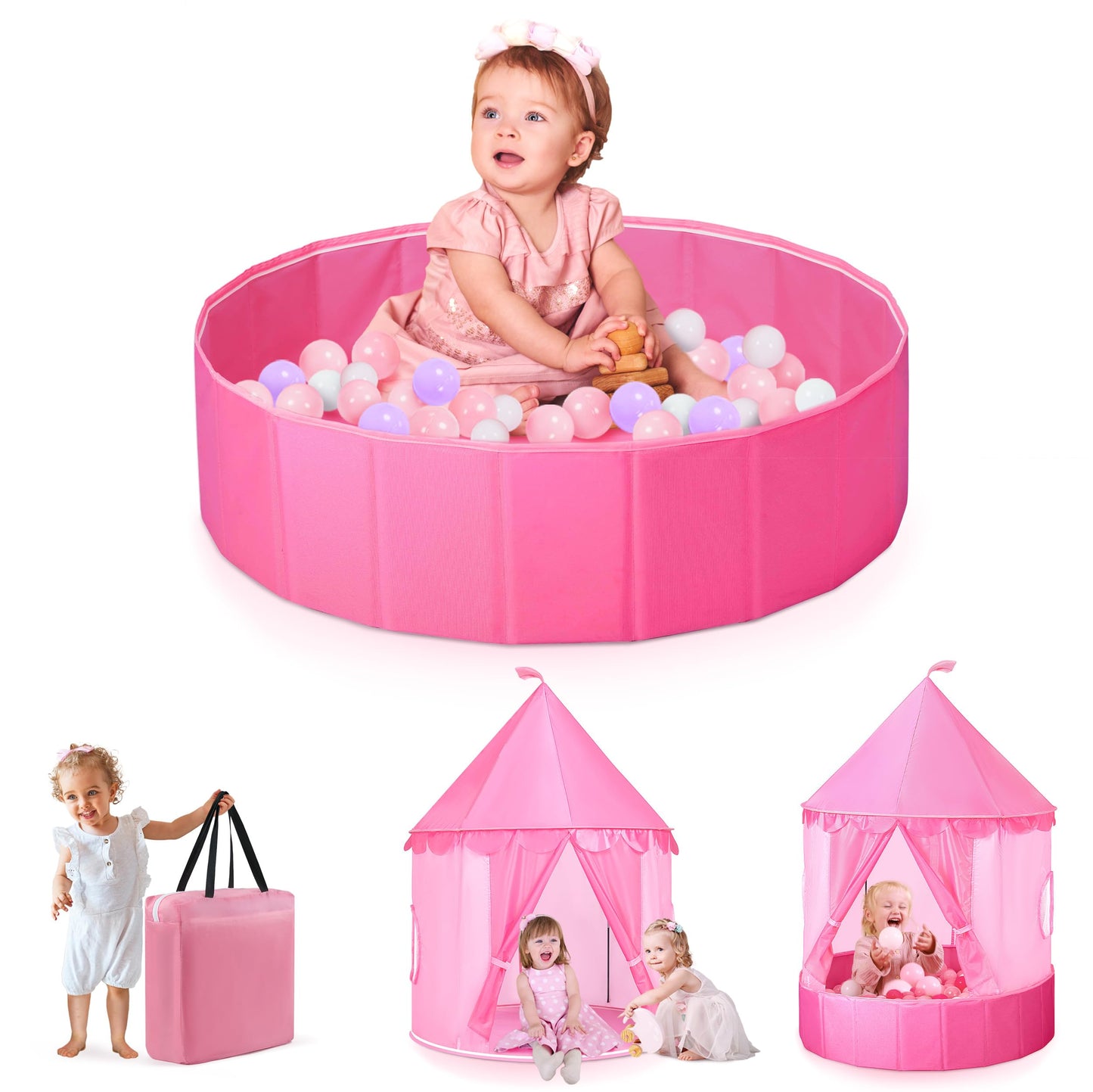 Hikiddy 3-in-1 Ball Pit & Play Tent for Toddlers: Large 40" Pink Kids Ball Pit and Princess Tent - Princess Castle Playhouse Tent for Girls Kids Babies - Foldable Portable Toys for Indoor & Outdoor