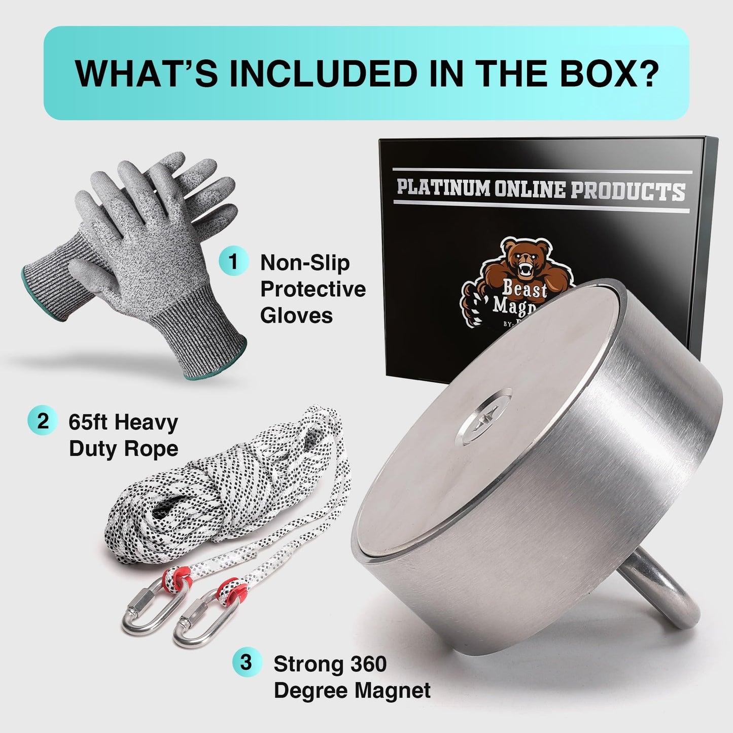 3600lb Complete 360 Degree Magnet Fishing Kit | Includes Strong 360 Neodymium N52 Magnets Durable 10mm 65ft Rope, Carabiner, Gloves