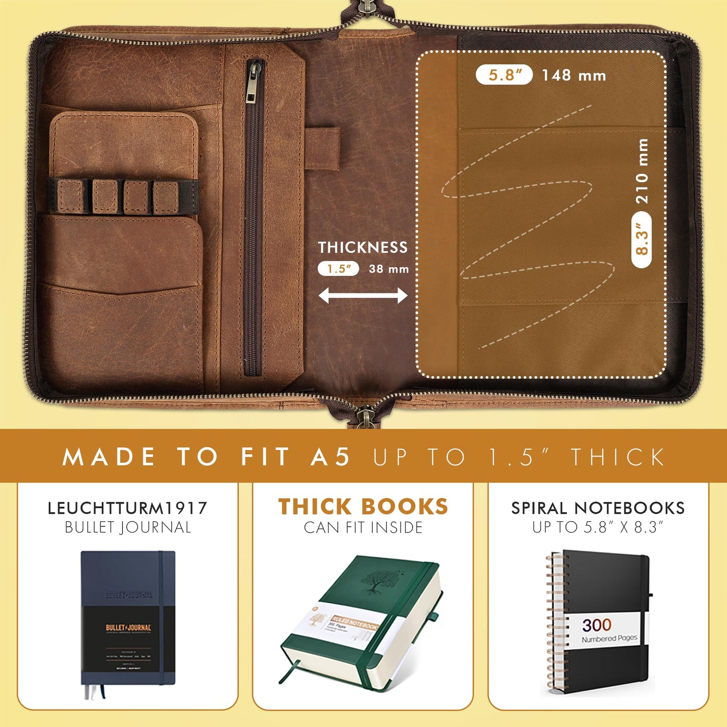 ELIZO Leather A5 Portfolio Padfolio Folio A5 Notebook Journal Cover Planner Binder Small Mens Business Work Folder Organizer (Saddle)