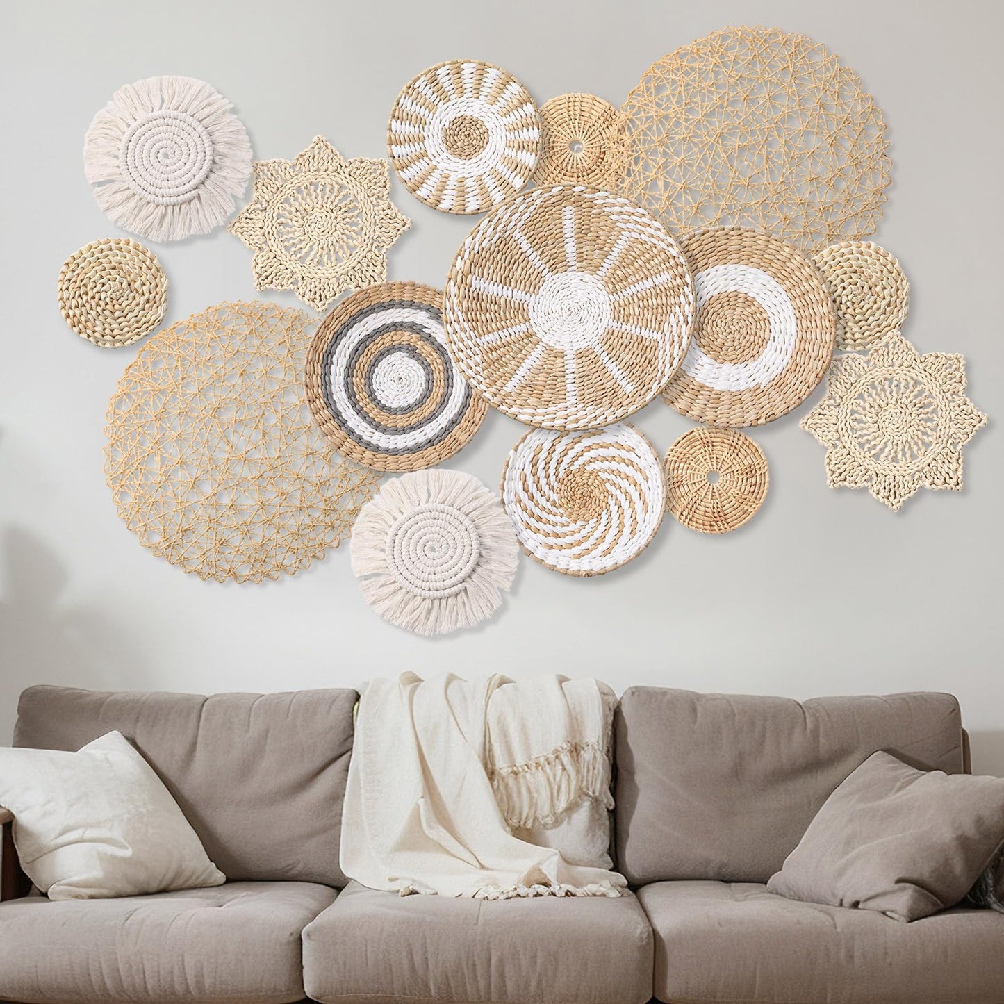 Anglechic 15 Pcs Boho Wall Basket Decor Woven Rattan Seagrass Wall Decor Hanging Rustic Farmhouse Western Art Decoration for Nursery Living Room Bedroom Home Kitchen(Grey White Style)
