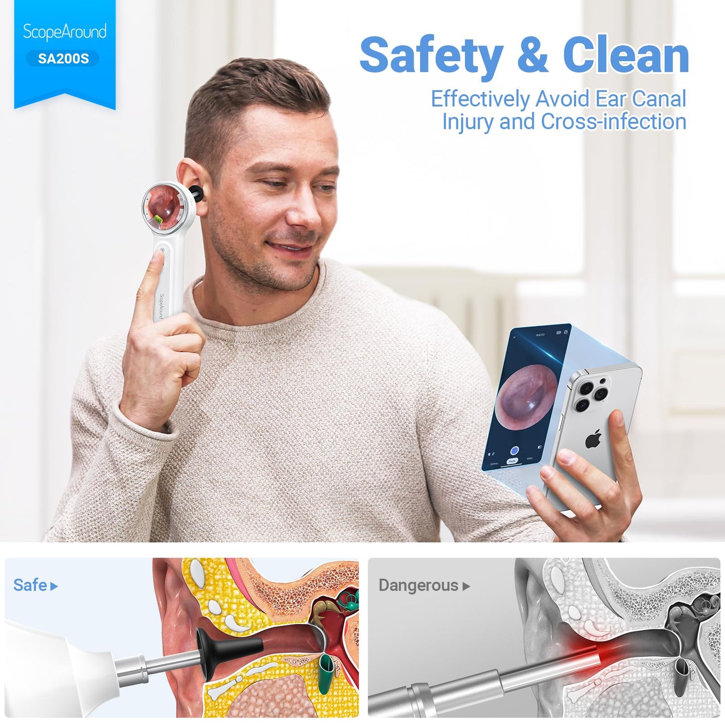 ScopeAround Otoscope with Light, Digital Otoscope w/1.85in IPS Screen, 720p HD Ear Wax Removal Tool Camera, Video Otoscope Ear Camera with 6 LED Lights, Compatible with Android/iPhone