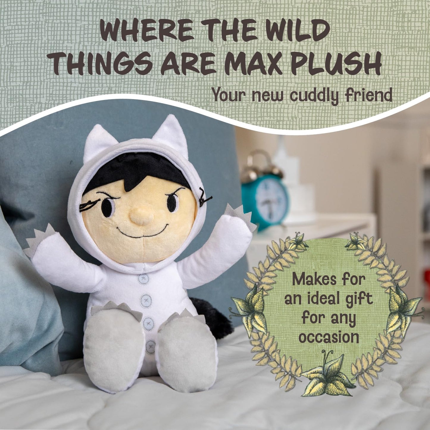 KIDS PREFERRED Where The Wild Things are Plush 14 Inch Max Stuffed Animal with Crinkle Feet, Bean Filled Bottom, and Removable Hood