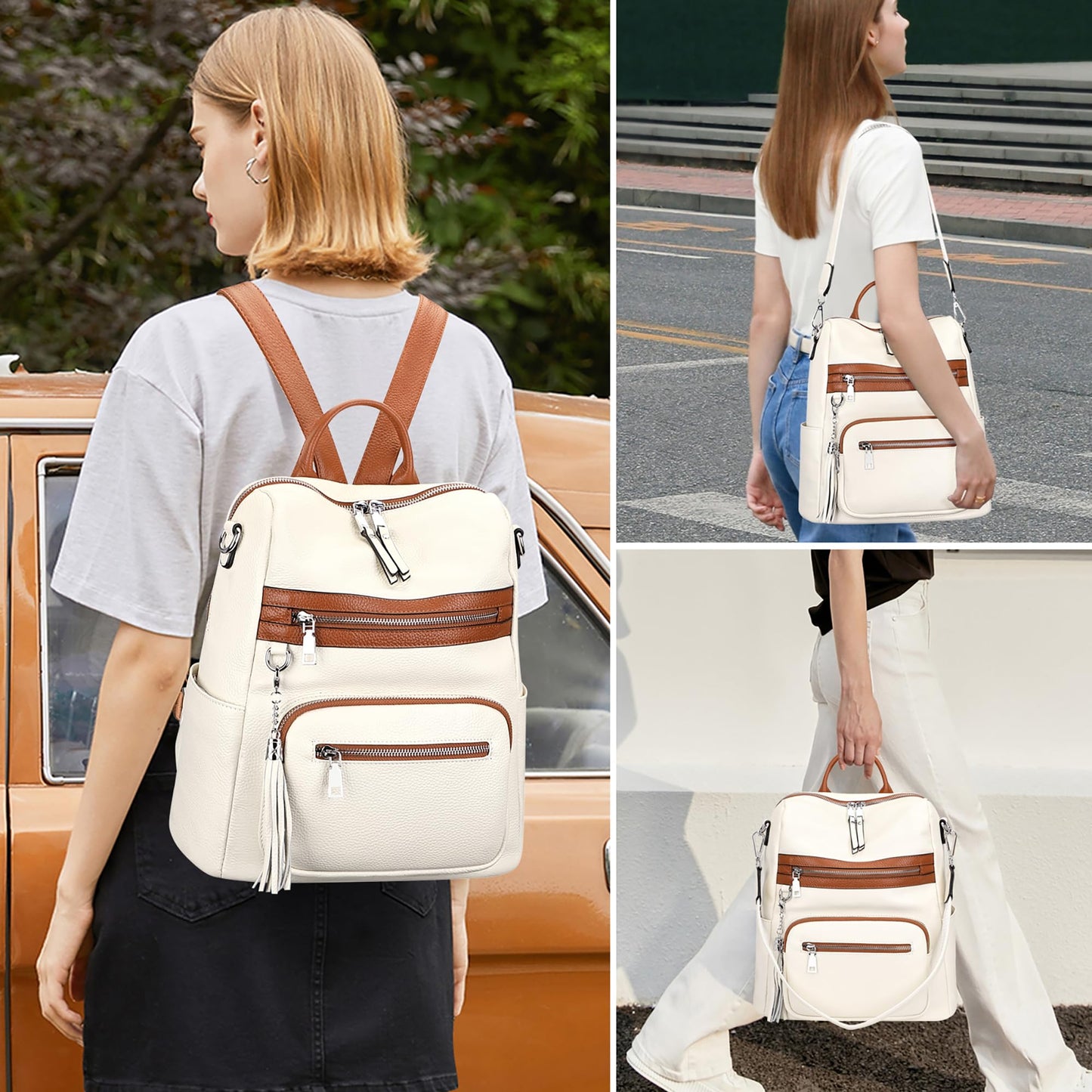 ALTOSY Genuine Leather Backpack Purse for Women Large Shoulder Bag With Laptop Compartment Multiple Pockets (S106 Beige/Brown)