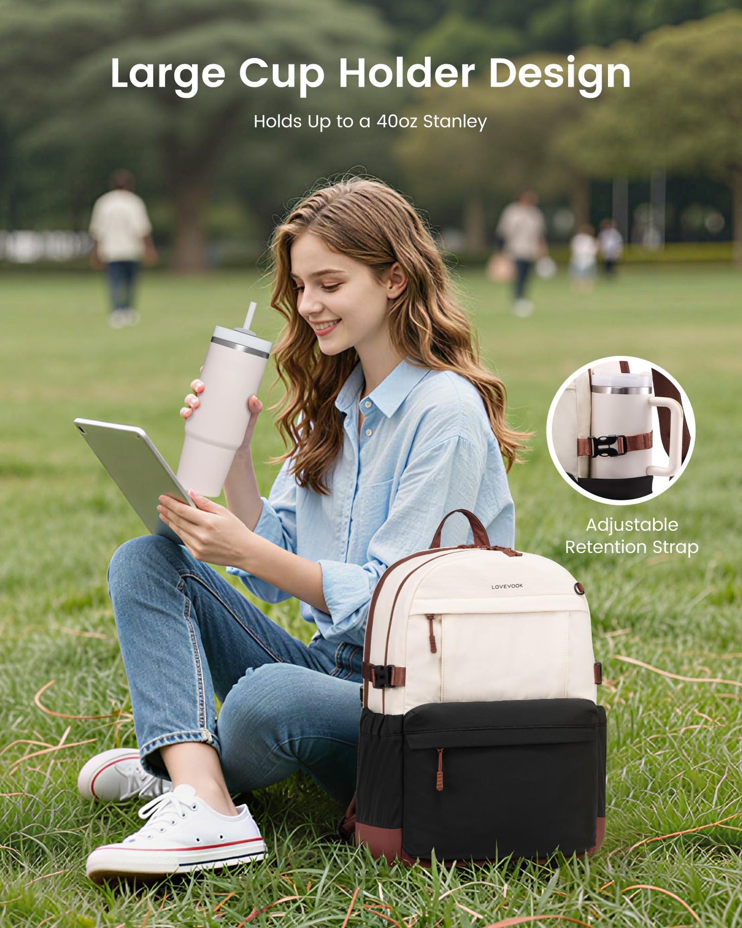 LOVEVOOK Laptop Backpack for Women with Giant Tumbler Holder,15.6 Inch Laptop Computer Bag Travel Backpack Purse,Waterproof Work Business Backpack College Bookbag Teacher Bags,Beige-Black-Brown