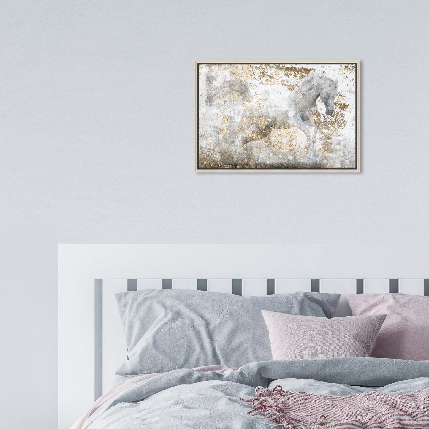 Country Farmhouse Canvas Print Painting Animal Wall Art 'Running Horse' Champagne Framed Canvas Rustic Home Décor 15x10 in White, Gold by Oliver Gal