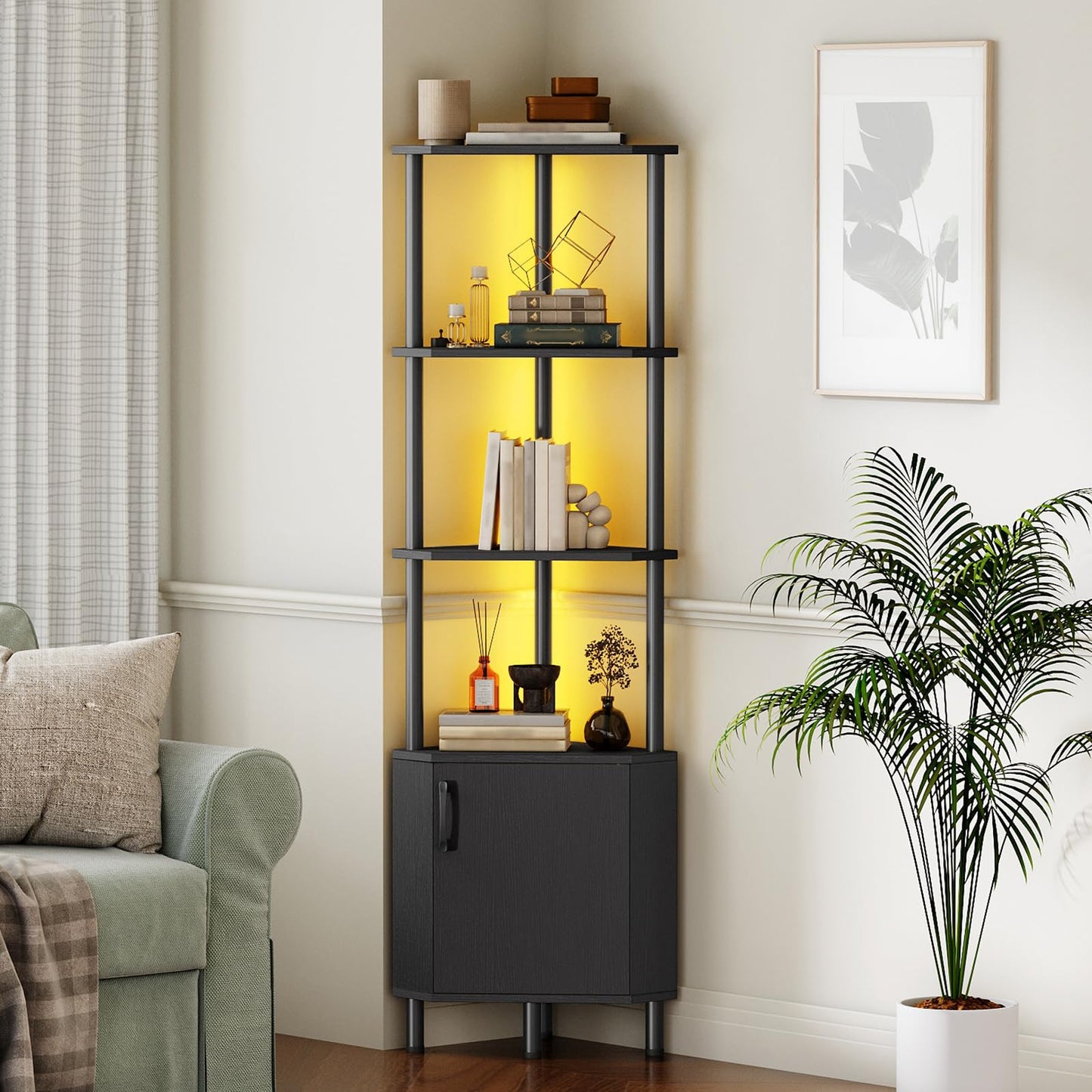 HOOBRO Corner Cabinet with LED Light, Corner Shelf Stand with Storage and Doors, 5-Tier Industrial Corner Bookshelf, 59” Tall Display Rack Shelf, for Living Room, Kitchen, Black BB147DCJ01
