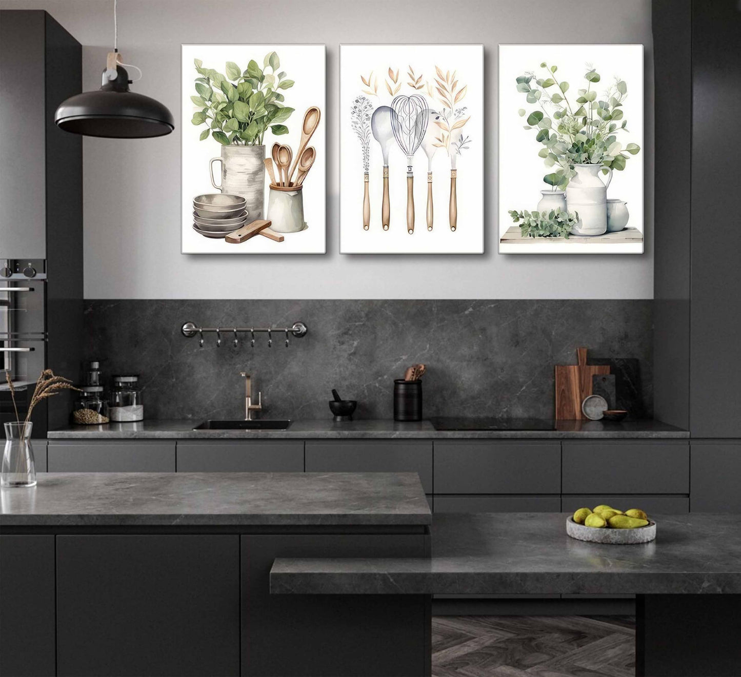 3 Pcs Sage Green Farmhouse Kitchen Canvas Wall Art Minimalist Dining Room Eucalyptus leaves plant Painting Pictures Wall Decor Poster Print Artwork For Dining Room kitchen Home Decoration