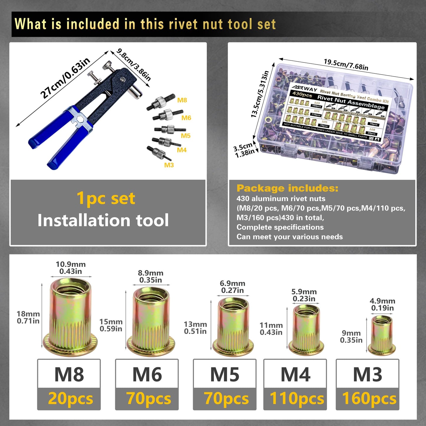 ASKWAY Pressure Rivet Nut Tool Kit, 430Pcs Metric Rivet Nut Combination (M8/M6/M5/M4/M3), Suitable for Furniture, Decoration, Automotive, Marine and Industrial Applications (CarbonSteelRivetNutTool)