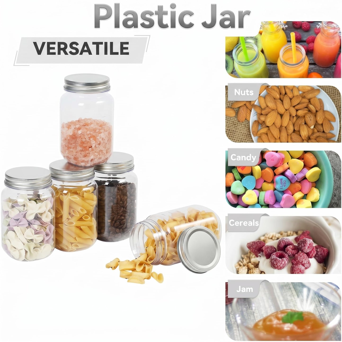 novelinks 16 oz Clear Plastic Jars with Lids, Refillable 16oz Mason Jars with Lids & Storage Containers for Kitchen & Household Use (24 Pack,Silver)