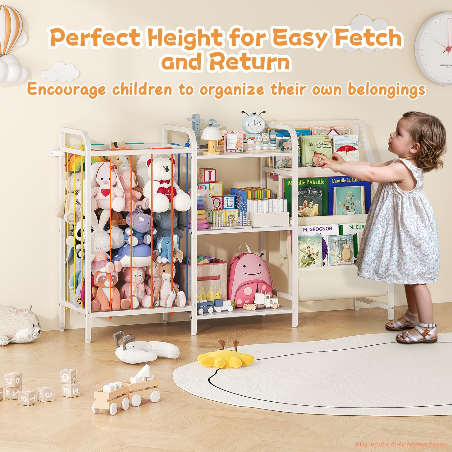 CYXPHION B1 Kids Bookshelf and Toy Storage, 3-Tier Book Shelf for Kids Rooms, Sling Baby Bookcase with Stuffed Animal Storage, Montessori Toddler Bookshelf for Nursery, Bedroom, Playroom, White