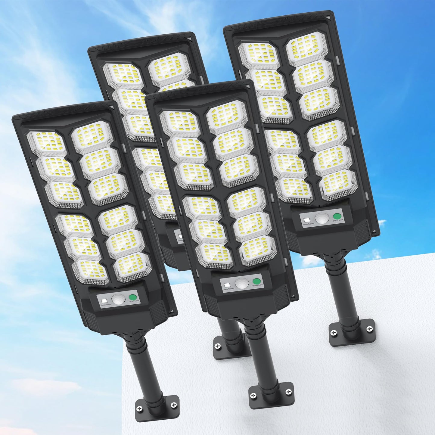 Kifflux Solar Lights Outdoor Waterproof - 7000K Solar Street Lights Outdoor, Wide Angle Flood Light Motion Sensor, LED Powered Parking Lot Light with Dusk to Dawn for Outside (4 Pack)
