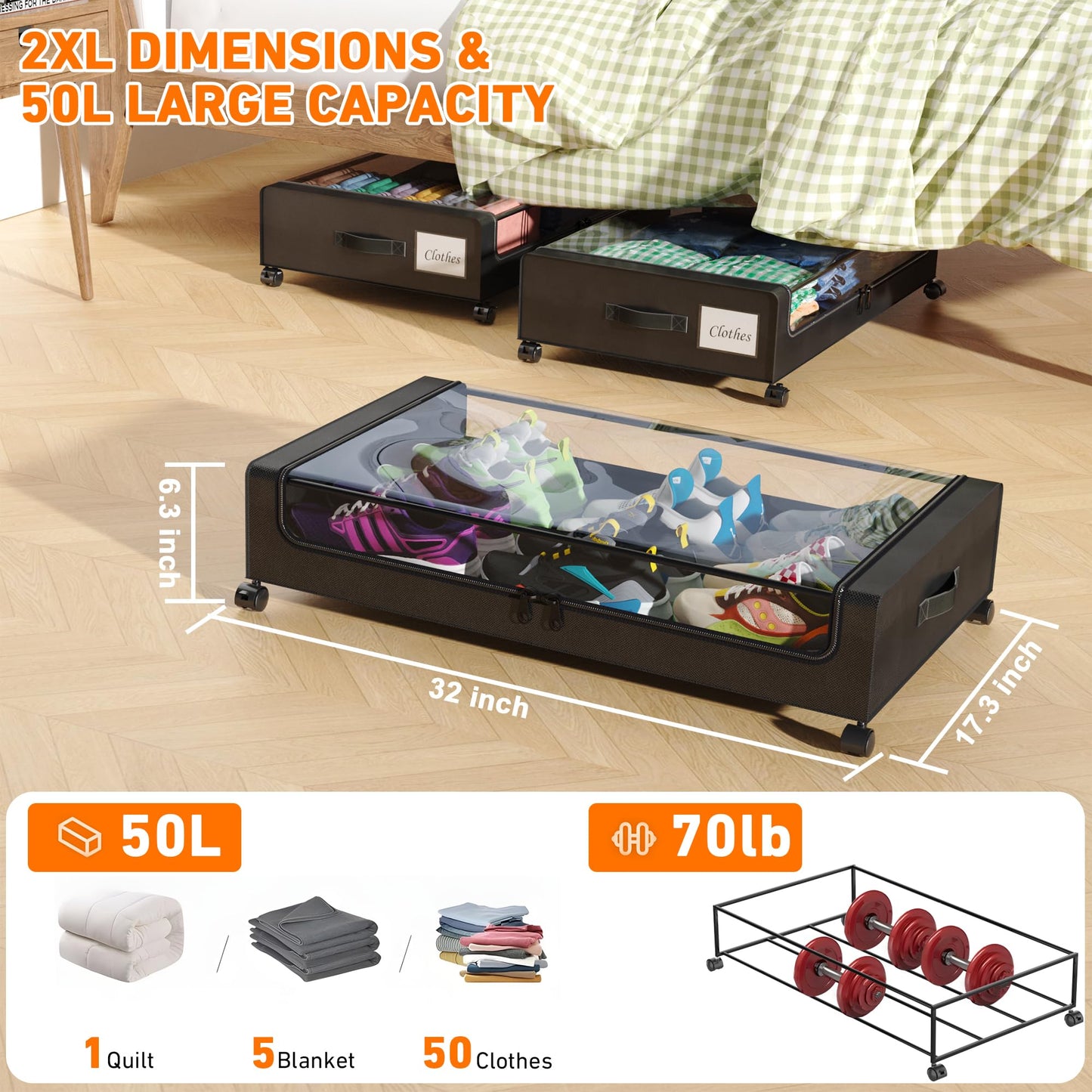 Under Bed Storage with Wheels, 2 Pack Under Bed Storage Containers with Dividers & Clear Lids, XXL 65L Under the bed storage Organizer Bins, Underbed Storage with Wheels for Clothes (Black, 2 Pack)