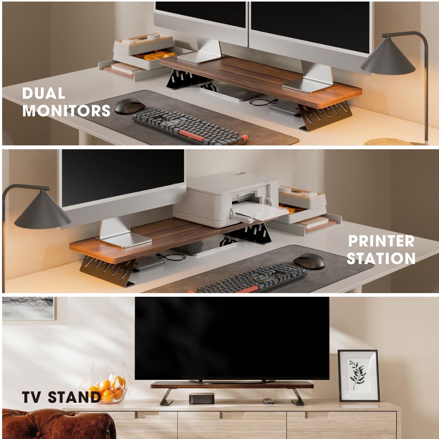 Fenge Monitor Stand Riser, 31.5 Inch Desk Top Shelf for 2 Monitors, Computer Stands for Desk, Wood & Steel Desktop Riser for Laptop, PC, Printer