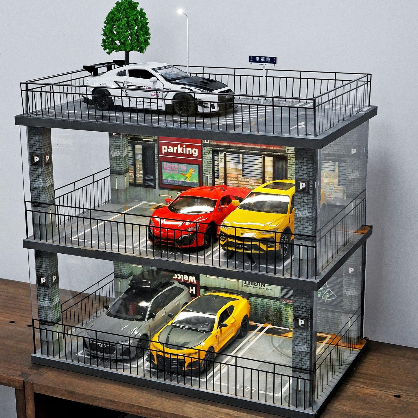kivcmds 1:24 Scale Diecast Model Car Display Case Cabinet with USB Lights and Acrylic Cover,Diorama Garage for Sport Cars and Lego Speed Champions Car Collectibles