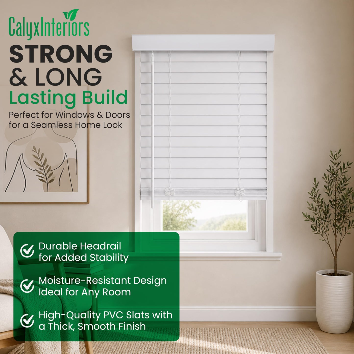 CALYX INTERIORS Faux Wood Blinds with Classic Valance, Cordless, 2" Slat, 34.5" W x 60" H, Room Darkening Shade for Windows and Doors, Pure White