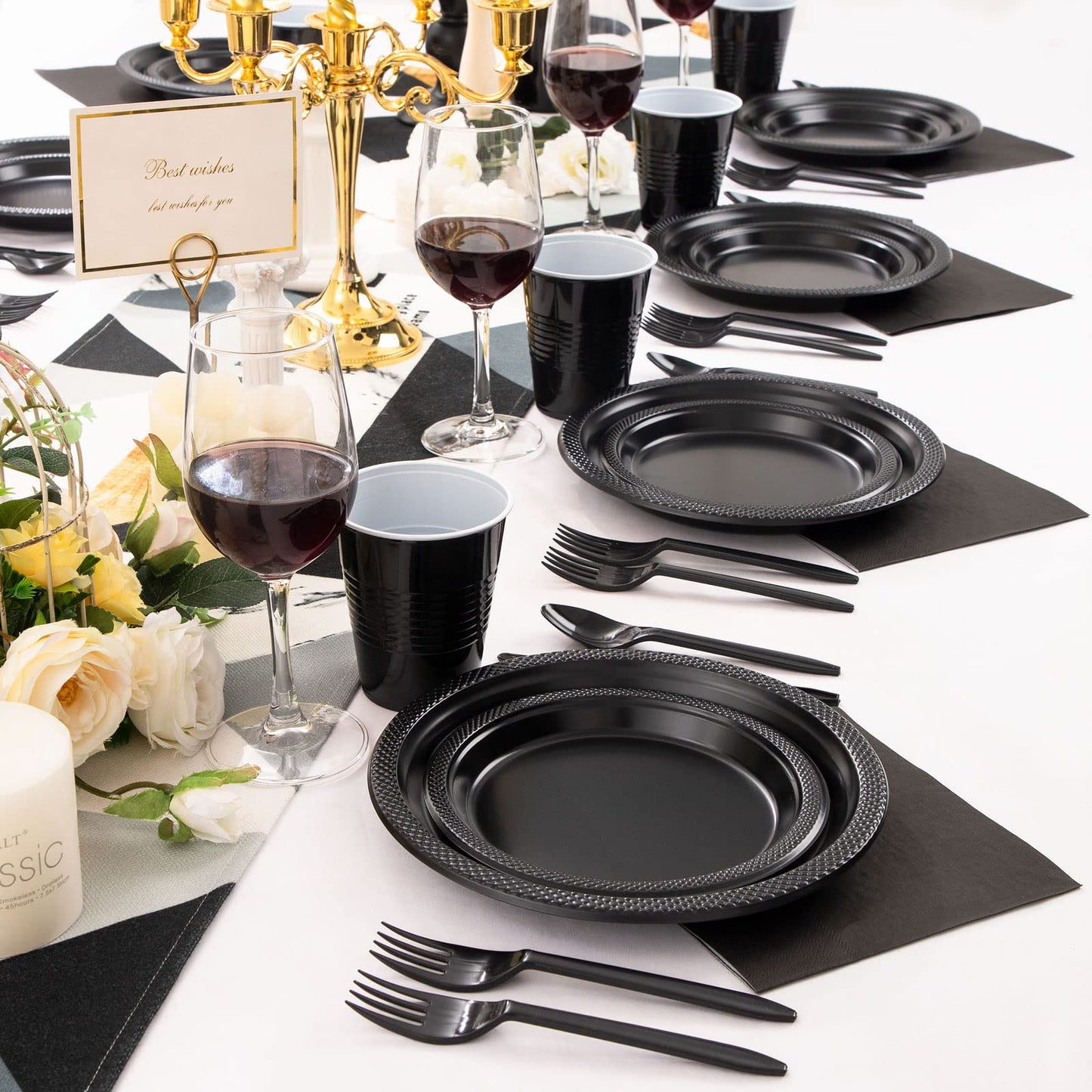 MirthMood 350PCS Black Disposable Plates, Black Party Supplies, Includes 50 Dinner Plates, 50 Salad Plates, 50 Silverware, 50 Napkins and 50 12OZ Cups.