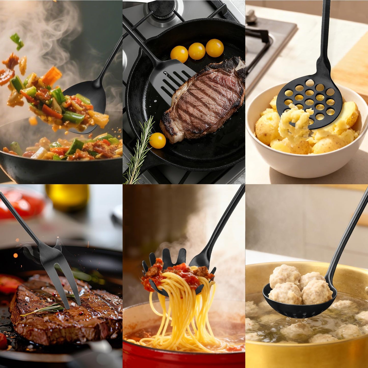 18/10 Stainless Steel Kitchen Utensils Set with Wood Handle Metal Cooking Utensils Set 10 Piece - Spatula, Spoon, Ladle, Skimmer, Slotted Turners, Pasta,Turner, Ladl, Fork
