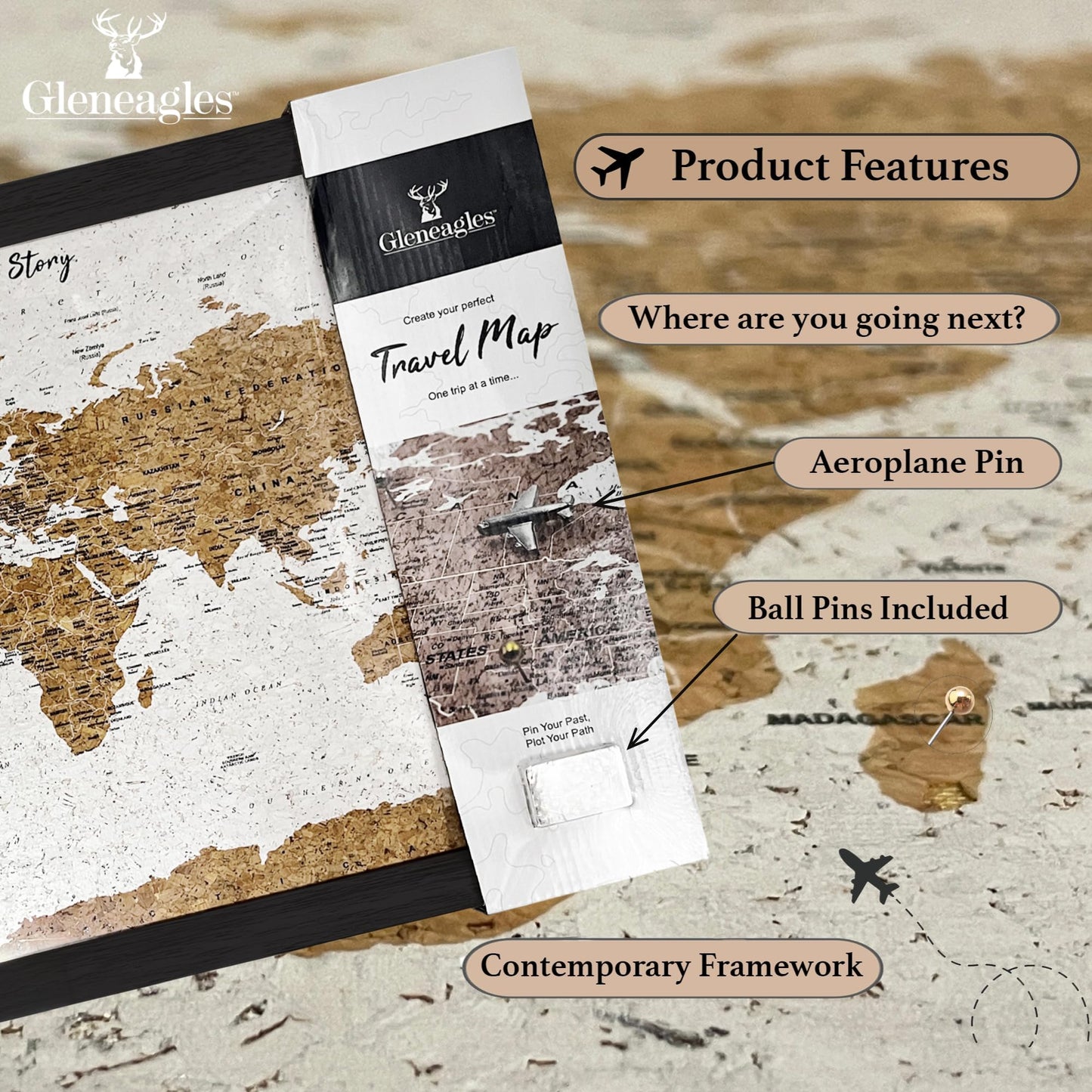 Gleneagles World Travel Map with Pins - Black Frame Cork Board 70 Push Pins Included 21.2''x14.2'' Home Office Wanderlust Decor Gift Present for Travelers Mark Past Future Adventure 3 Colours