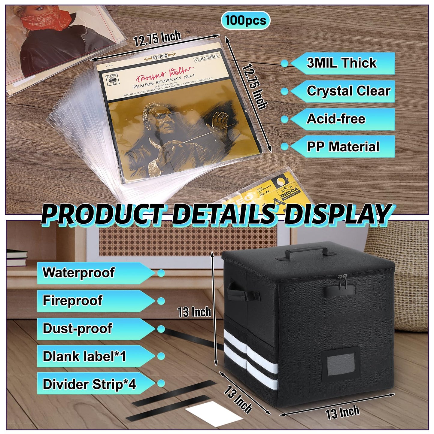 Vinyl Record Storage with 100 Record Sleeves, Fireproof & Water Resistant Record Organizer Box with Lock, Wrinkle-Free Vinyl Clear Sleeves Outer Protective Kits Covers 12.75" Albums 3 Mil Thick