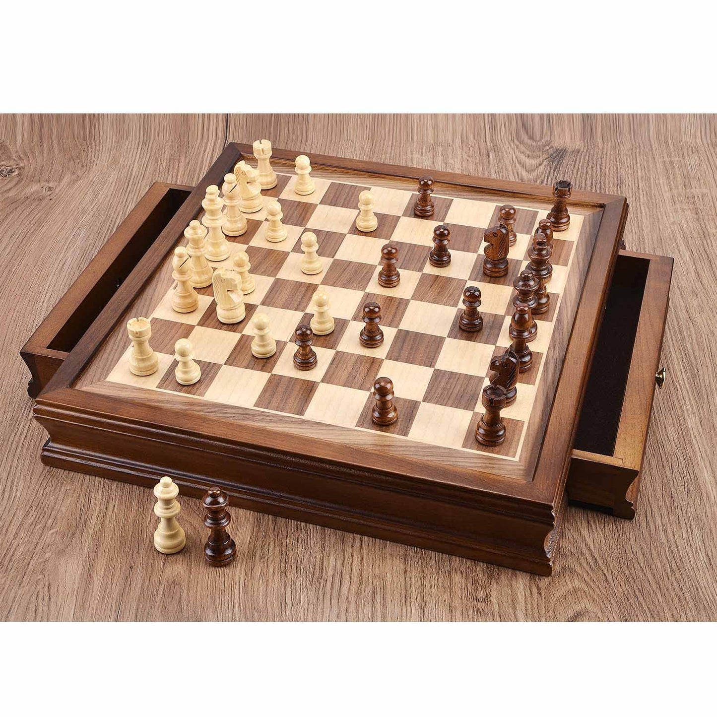 AMEROUS 12.8" x 12.8" Magnetic Wooden Chess Set with 2 Built-in Storage Drawers - 2 Bonus Extra Queens - Gift Packaging - Staunton Chess Pieces, Board Games Chess Sets for Adults and Kids