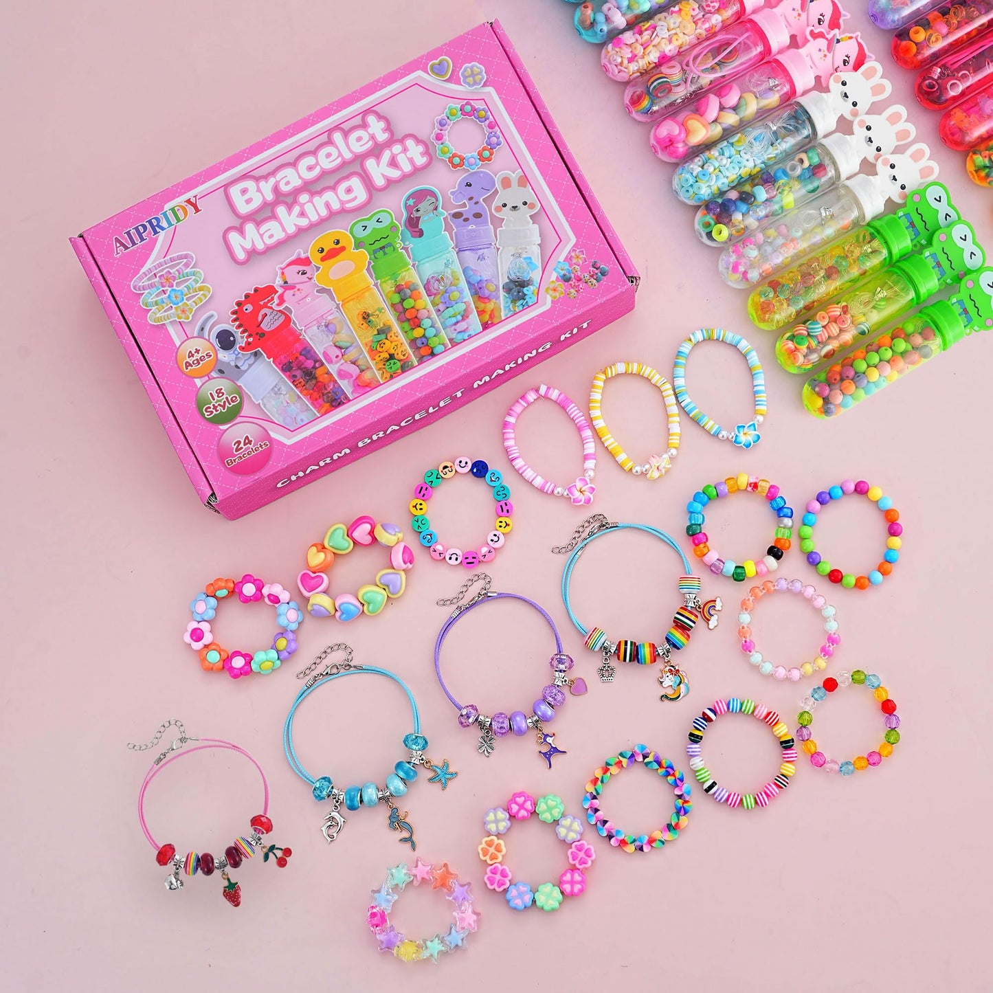 AIPRIDY Creative Beading Kit, Charm Bracelet Jewelry Making Kit for Kids, 18 Styles, 24 Pack Bracelet Wands,Classroom Prizes,Goodie Bags Stuffers, Ages 4+