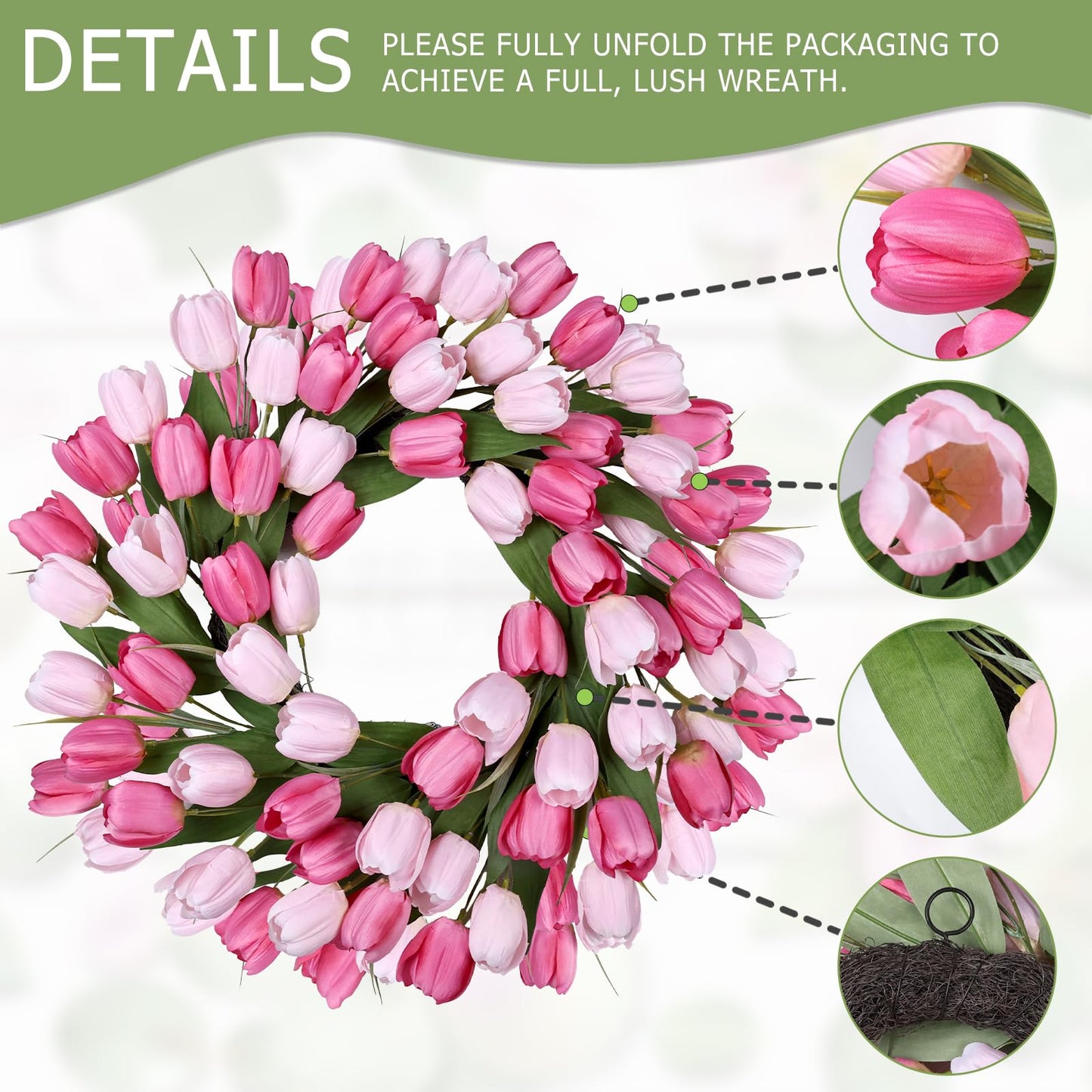 24 Inch Tulip Summer Wreath for Front Door Spring Silk Wreath with Green Leaves Artificial Tulip Flower Wreaths for All Seasons Farmhouse Porch Wall Living Room Home Widding Decor-Red