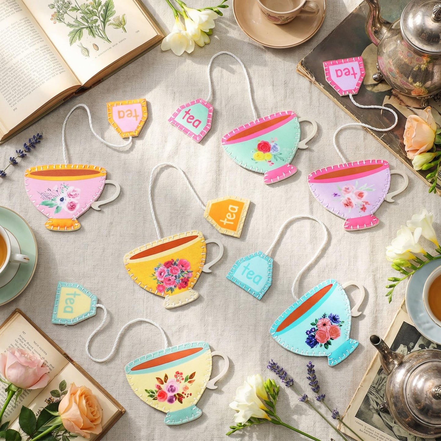 Resurhang 24 Pcs Tea Bag Bookmarks Tea Party Favors Cute Hand Embroidered Teapot Bookmarks Gift for Spring Holiday Teacher Women Book Reading Lovers Gift Book Marks (Retro)