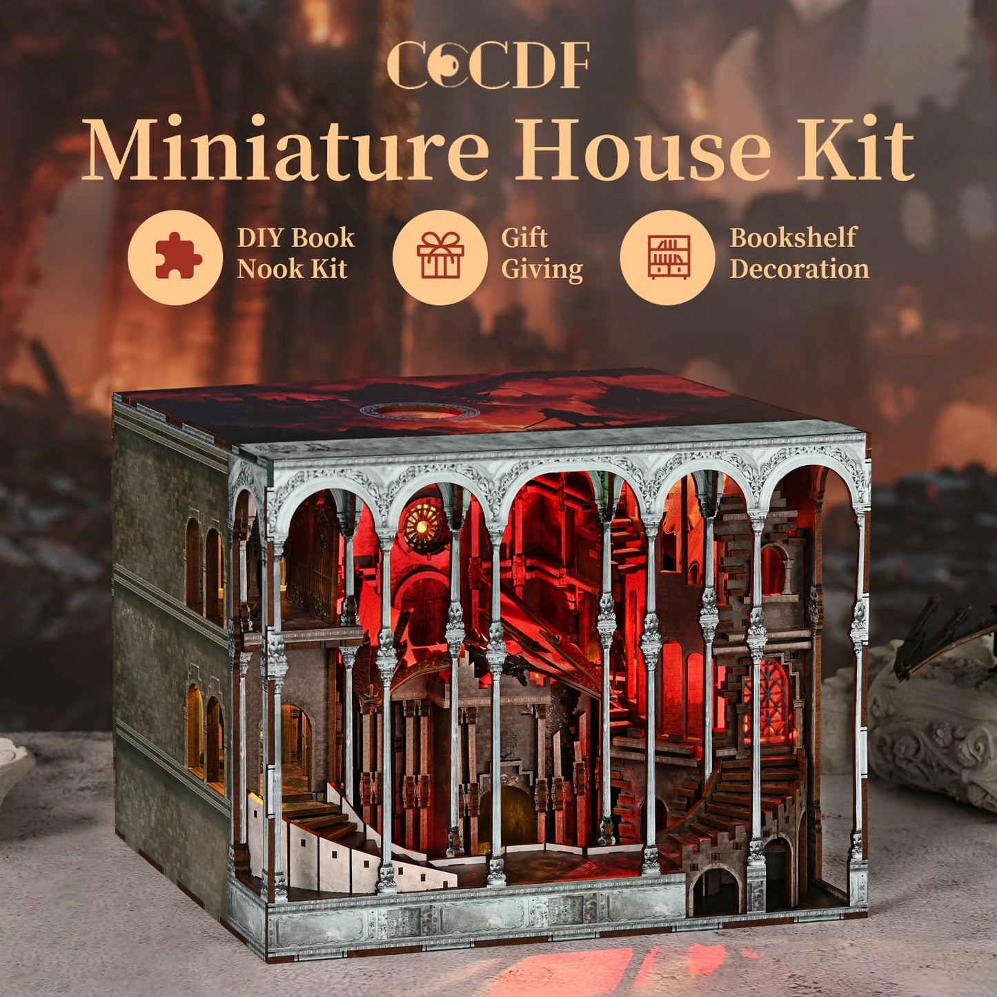 CCCDF Book Nook Kit, DIY Miniature Dollhouse Booknook Kit, 3D Wooden Puzzle Bookend Bookshelf Insert Decor with LED Light for Teens and Adults (Ember Castle)