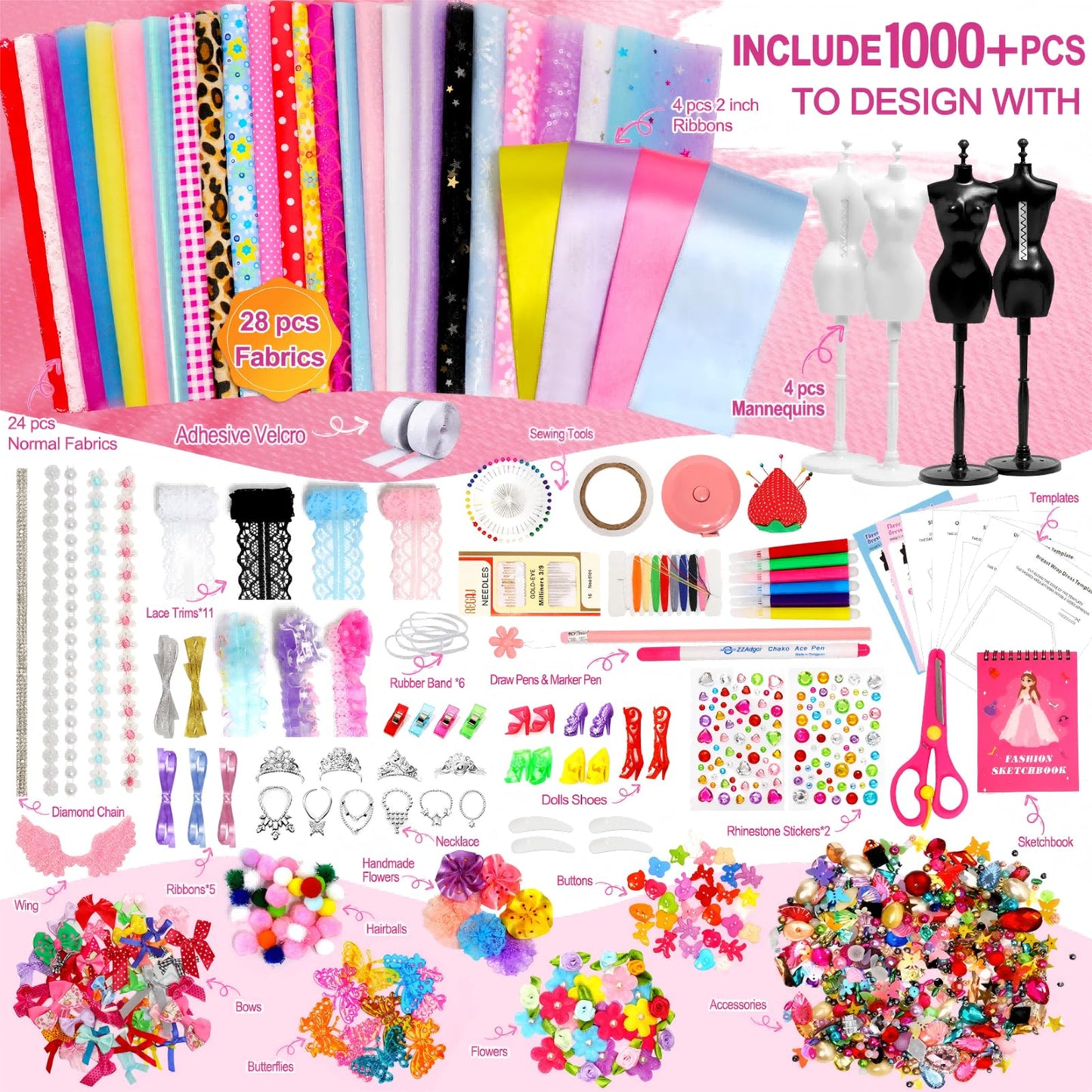 Axirata 1000+PCS Fashion Design Kit for Girls Creativity DIY Arts & Crafts Kit for Kids with 4 Mannequins, Fashion Designer Sketchbook, Sewing Kit for Teen Girls Birthday Gift Age 6 7 8 9 10 11 12+