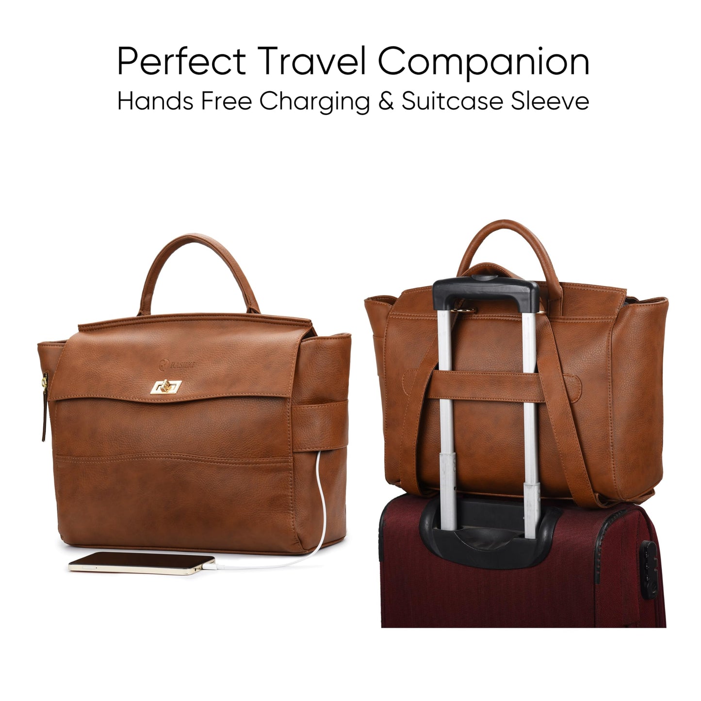 RASHKI ARIA Women tote bag | 15.6" Laptop Messenger Bag | Laptop Bag | Office Bag | College Bag | Vegan Leather (TAN)