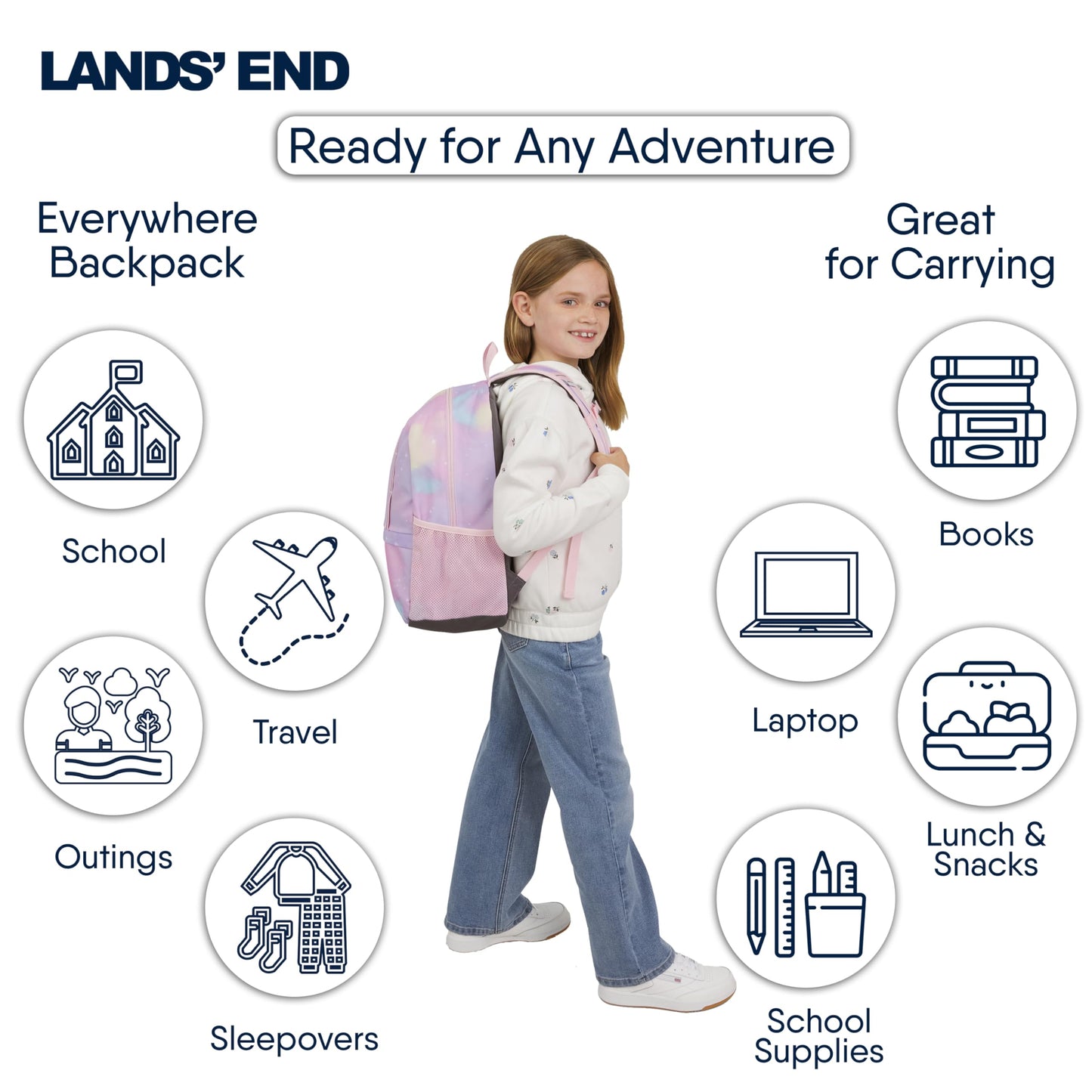 Lands' End Unisex Kids Medium ClassMate Lightweight Durable Elementary School Backpack, Desert Rose