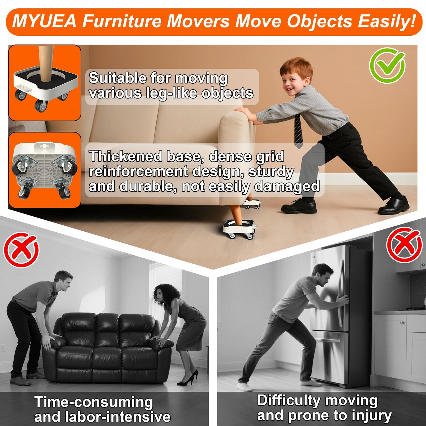 MUEA Furniture Dolly,Heavy-Duty Furniture Movers with Removable Center Pad,Non-Slip L-Edge & TPR Wheels,Moving for Round/Flat Leg Furniture–Includes Pry Bar,Gloves,Mat and Storage Bag(1200LBS)