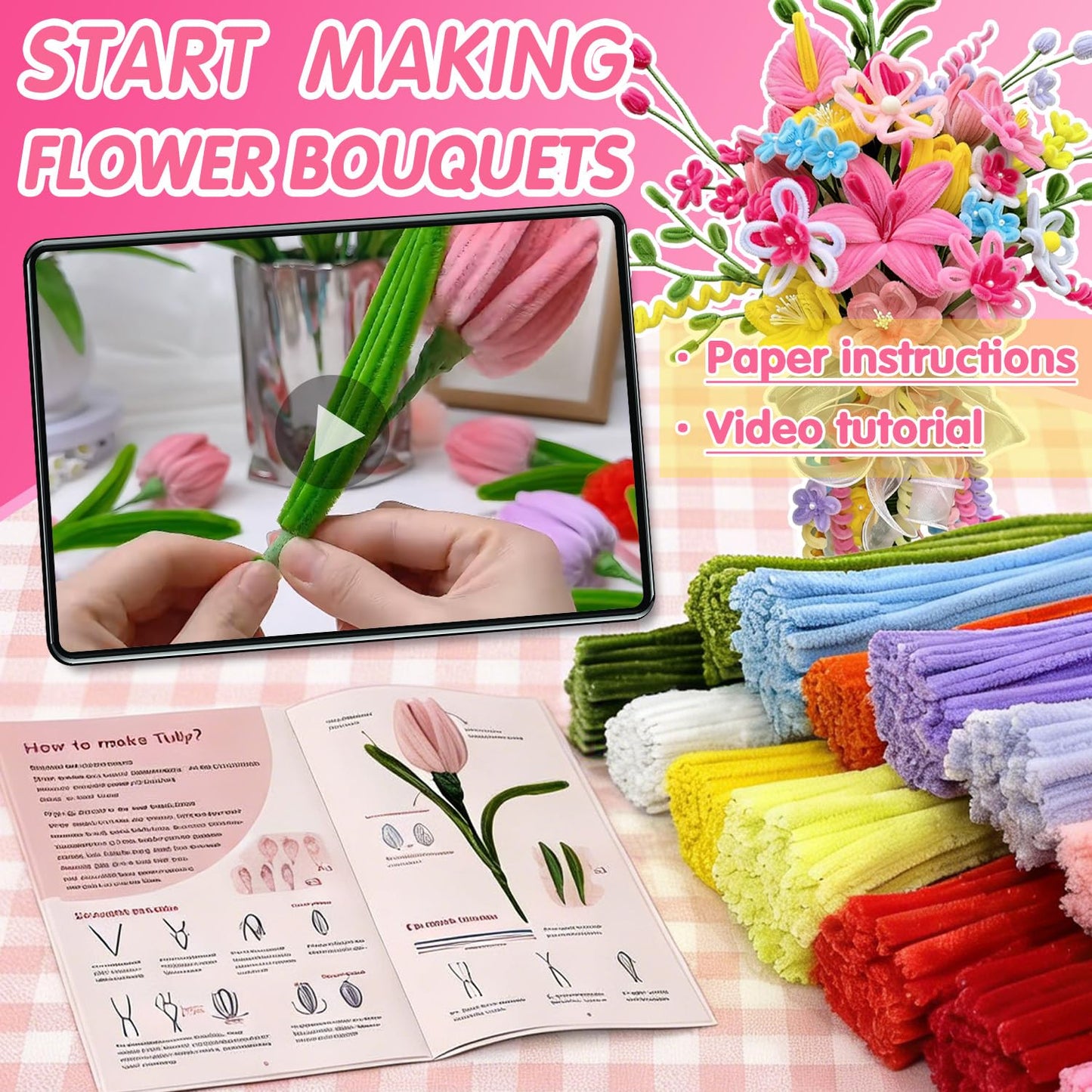 URADIART 650pcs Pipe Cleaners Craft, Bulk Pipe Cleaner Flower Kit,13 Colors Chenille Stems Limpia Pipas para Manualidades with Instruction Accessories for Floral Arrangements,Art and Craft Projects