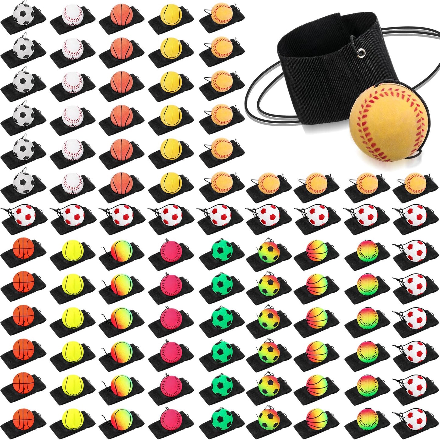 Skylety 100 Pieces Wrist Return Ball Rubber Sport Ball with Strap and String Rebound Bouncy Balls Toy on Elastic String Toy for Teens Adults Wrist Exercise Play