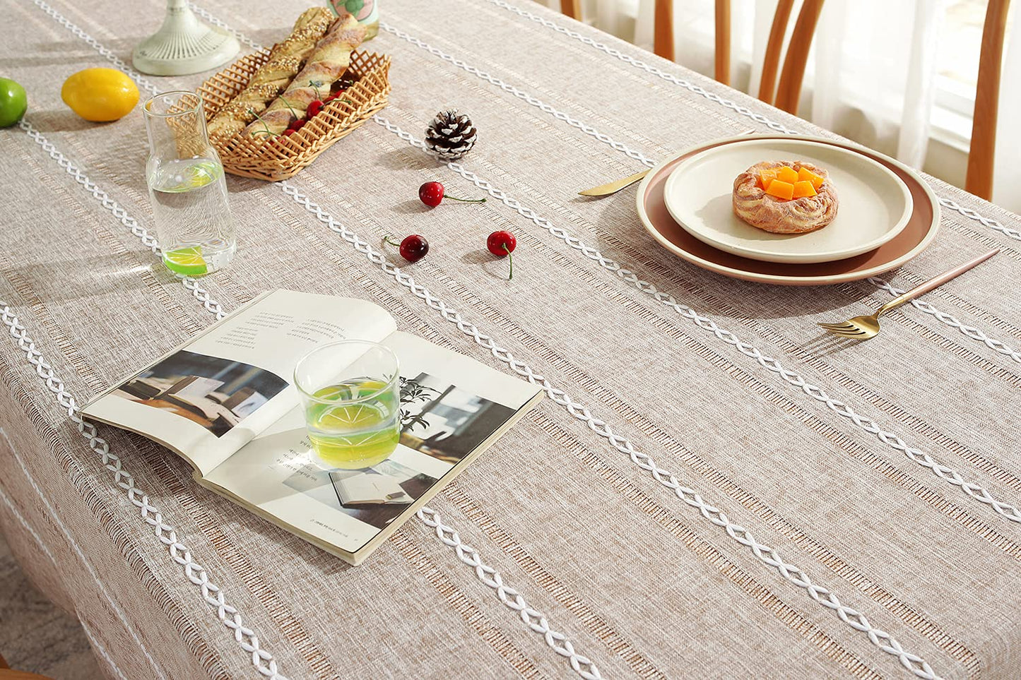 Chassic 60 x 104 inches Farmhouse Style Linen tablecloths, Wrinkle Resistant Washable Dining Room Table Cloths for 6 Foot Rectangle Tables - Hemstitch Light Coffee