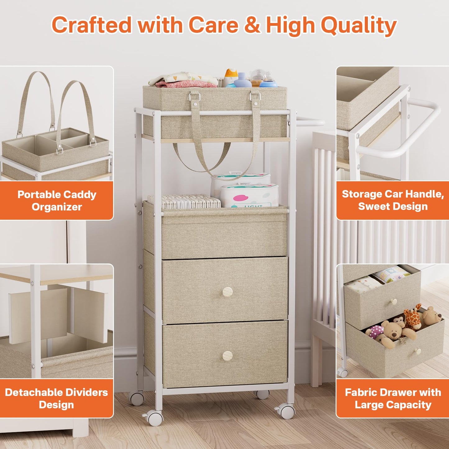 Modanais Baby Diaper Caddy Organizer Cart with Drawers - 3In1 Rolling Storage Cart with Wheels, Removable Diaper Caddy, Detachable Dividers - for Crib, Bedroom, Art & Craft Organizer (Off White)