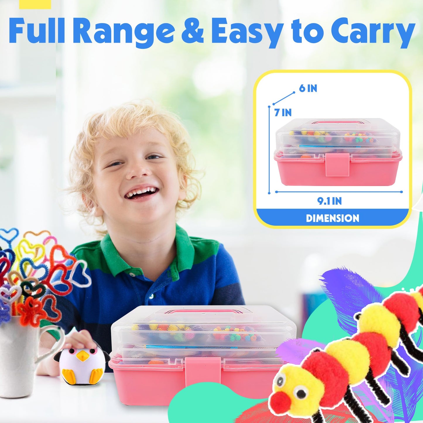 SMILESSKIDDO Arts Craft Supplies for Kids - 1000+ PCS Toddler DIY Craft Art Supply Set, Portable 3 Layered Folding Storage Box School Craft Projects - Gifts for Girls Crafts for Girls Ages Pink