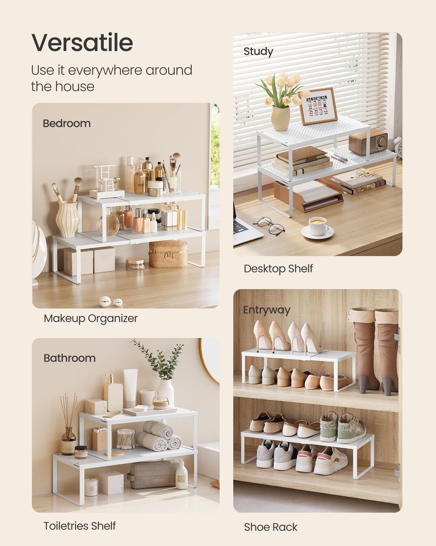 SONGMICS Spice Racks, Set of 4 Expandable Kitchen Countertop Shelves, Small Cupboard Organizers, Metal, Space-Saving Tabletop Shelves, Matte White UKCS404WC01