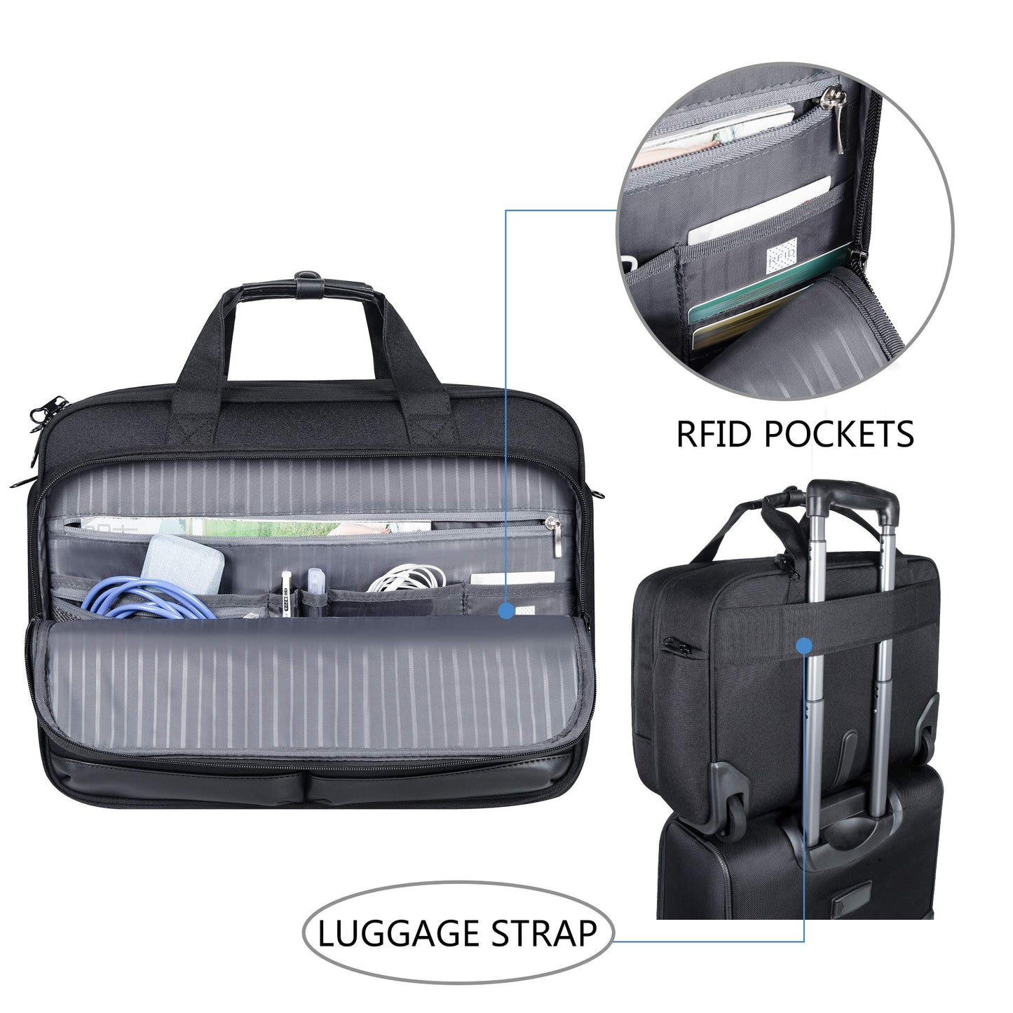 KROSER Rolling Premium Briefcase Fits Up to 17.3 Inch Laptop Water-Repellent Overnight Computer Bag with RFID Pockets for Travel/Business/School/Men/Women-Black