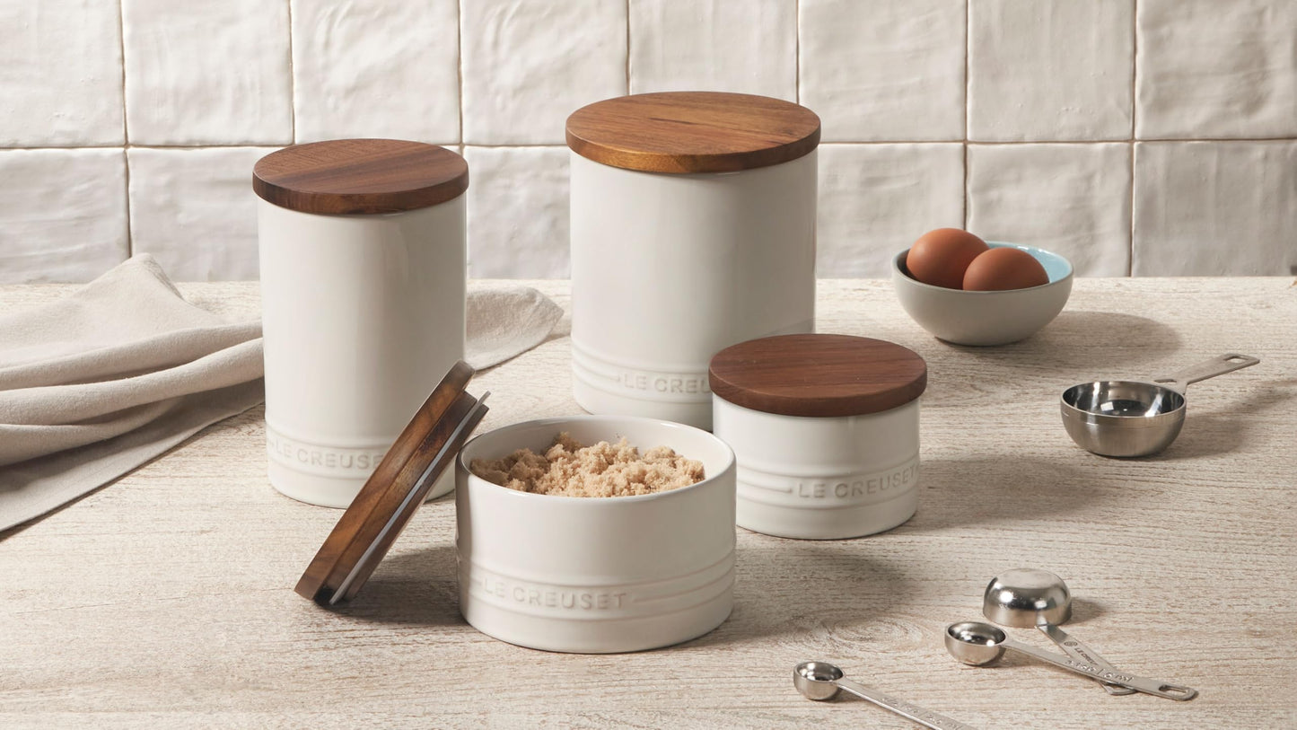 Le Creuset Stoneware Signature XL Salt Cellar and Storage Canister with Wood Lid, 38.4 oz. (1.2 qt.), White