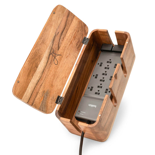 Cable Management Box & Cord Organizer- Cable Organizer for Desk, Home, Office. Hides Wires, Surge Protectors, Power Strips. Eco Friendly Mango Wood Cord Management Solution (Natural Acacia)