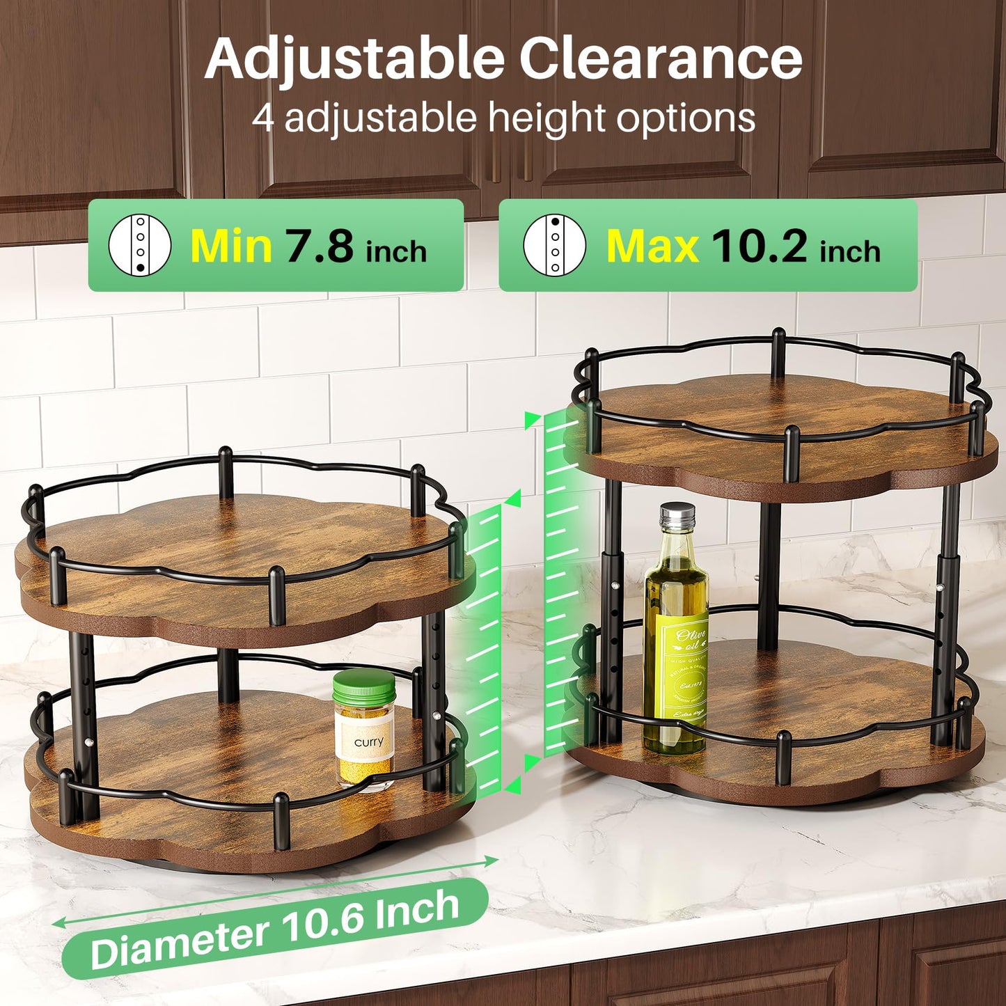 Lazy Susan Spice Rack Organization for Cabinet - 2 Tier Adjustable Height Lazy Turntable Spice Organizer for Kitchen Countertop & Pantry, Wood 10 Inch Seasoning Storage, Black