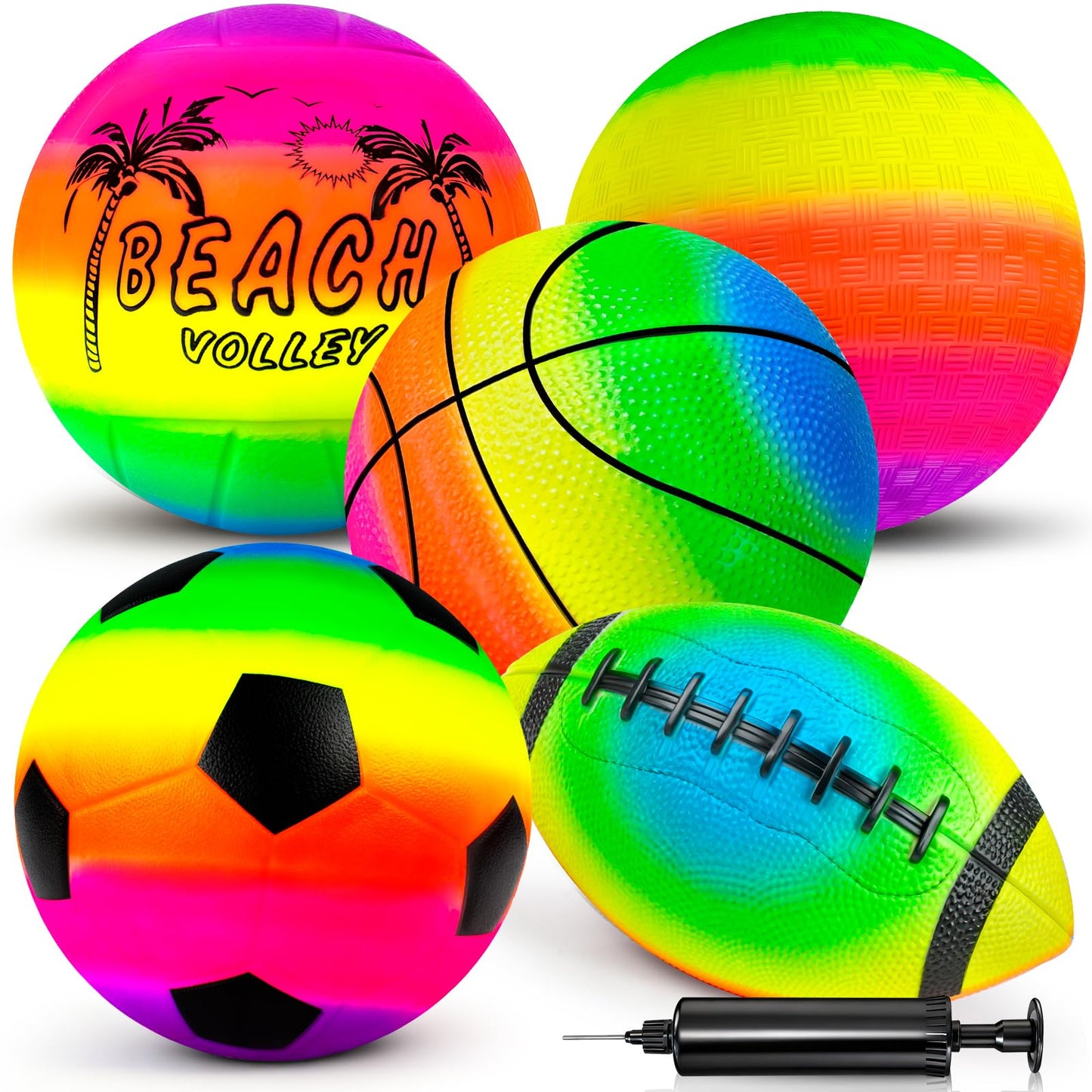 Hymaz 5 Pack Kids Sports Balls Rainbow Playground Balls with Pump for Football, Soccer, Basketball, Volleyball, Dodgeball, Indoor, Outdoor, Beach, Playground, Backyard, Pool, Class Game