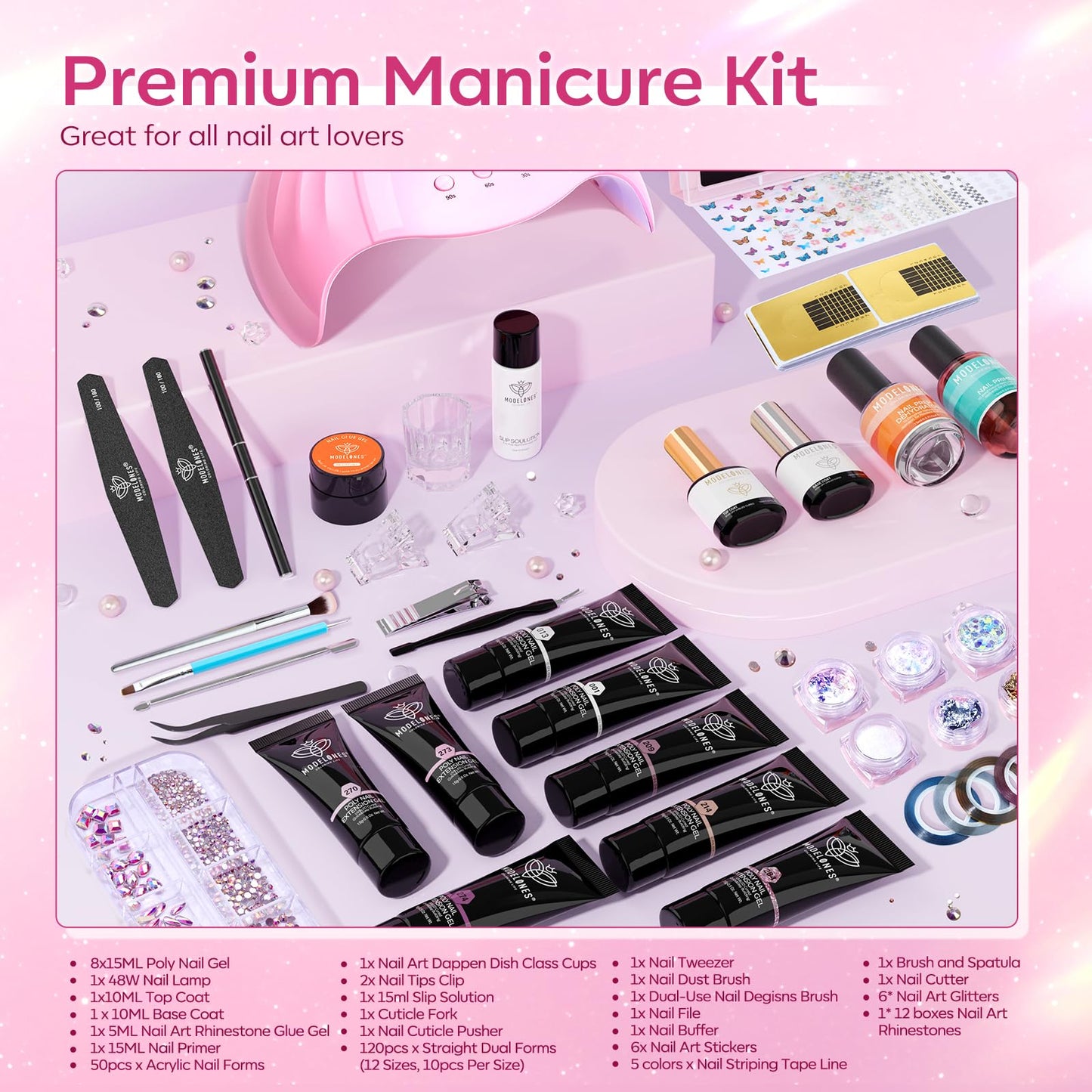 Modelones Poly Nail Gel Kit 8 Rosy Pink Colors with 48W LED Nail Lamp Poly Extension Gel Complete Nail Art Tools Professional Starter Manicure Kit Supplies Rhinestone GlittersBeauty Gift DIY at Home