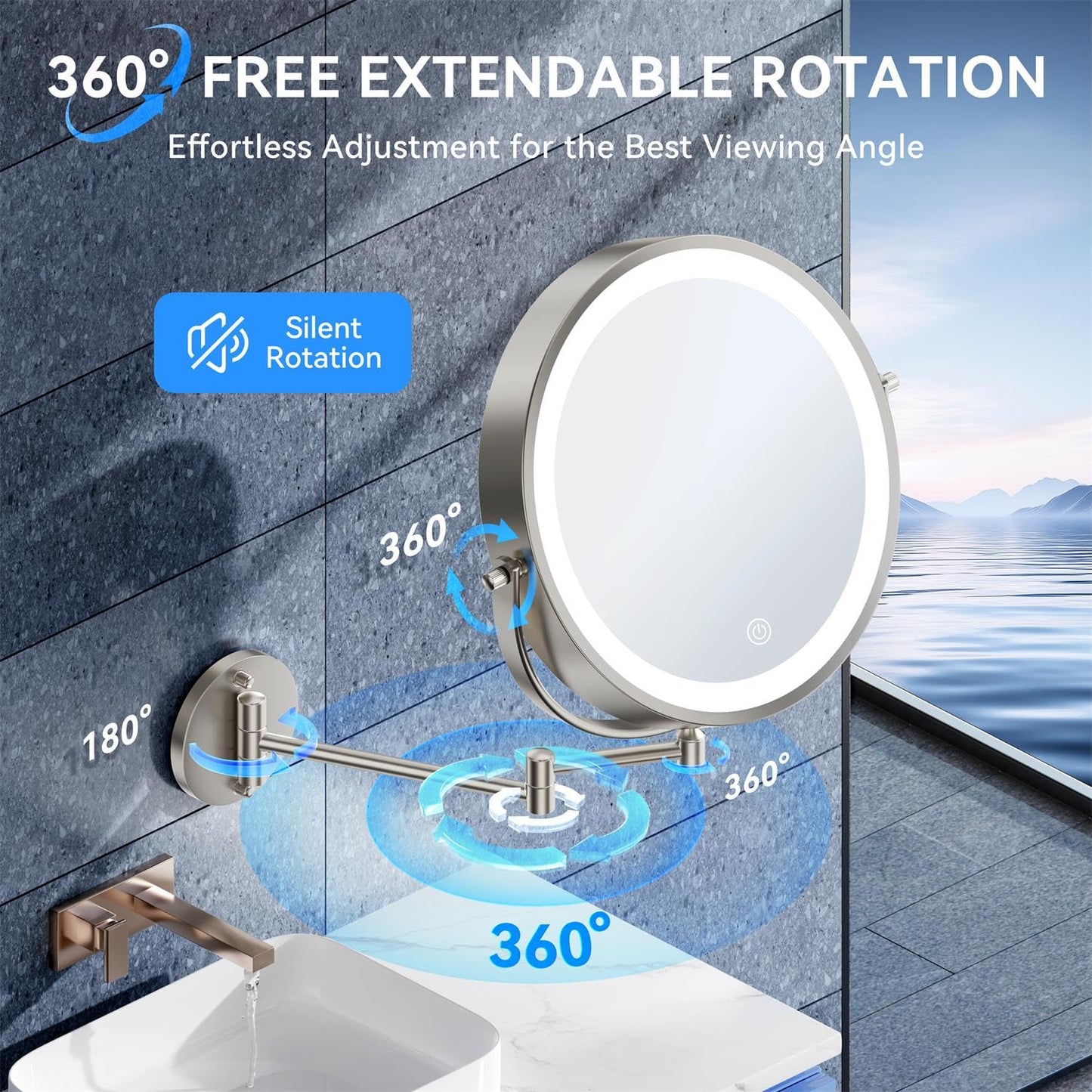 5000mAh Rechargeable Wall Mounted Lighted Makeup Mirror, 9'' 30X/1X Double-Sided Magnifying Mirror with Light, Bathroom Mirror Touch Dimmable 3 Colors 360° Rotation Extended Arm, Power Adapter